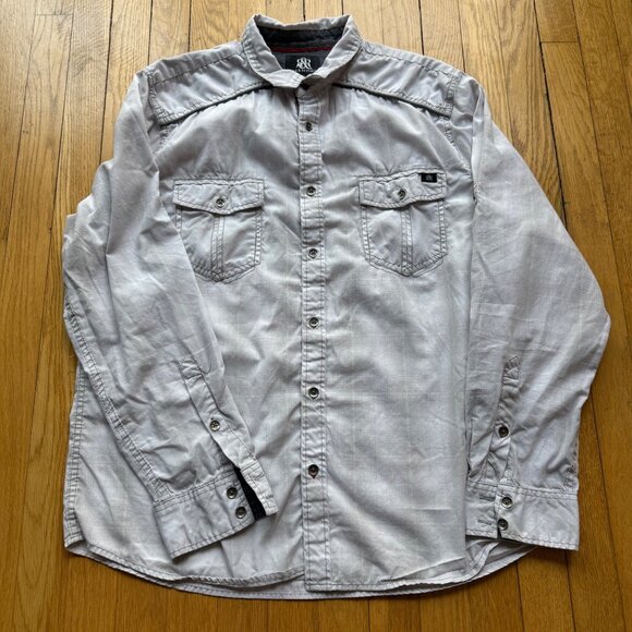 Rock & Republic Size XL Light Gray Plaid Utility Chest Pockets Button-Up Shirt - Picture 3 of 13